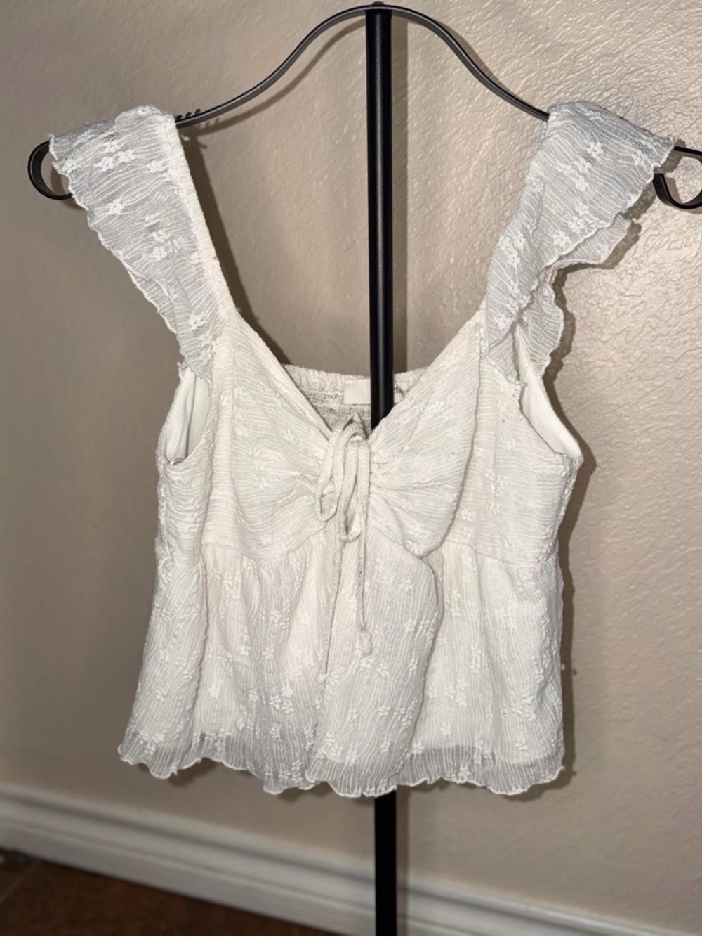 Textured White Tie-Front Ruffle Strap Tank Top